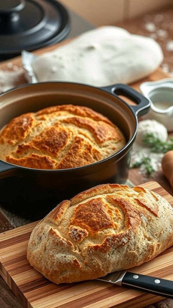 A golden-brown loaf of bread from a Dutch oven on a wooden board, with a knife beside it.